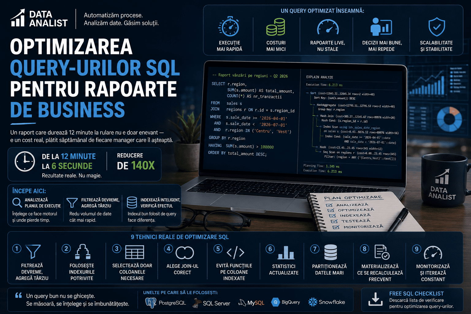 Optimizare query SQL pentru rapoarte business — EXPLAIN ANALYZE, indexes, JOIN-uri rescrise, reducere 12 min la 6 sec