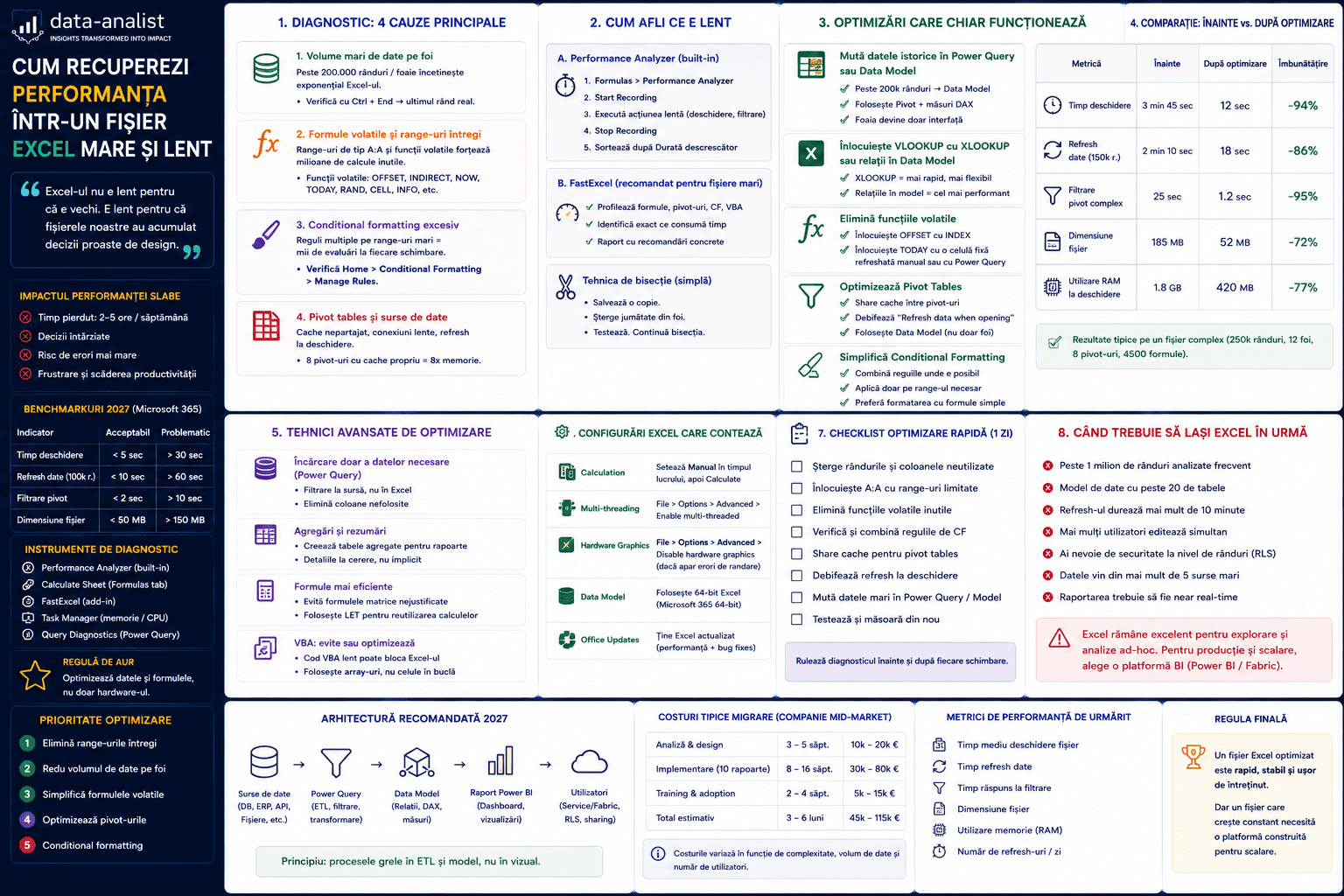 Performanță fișier Excel mare și lent — diagnostic, optimizări reale, momentul în care depășești Excel-ul