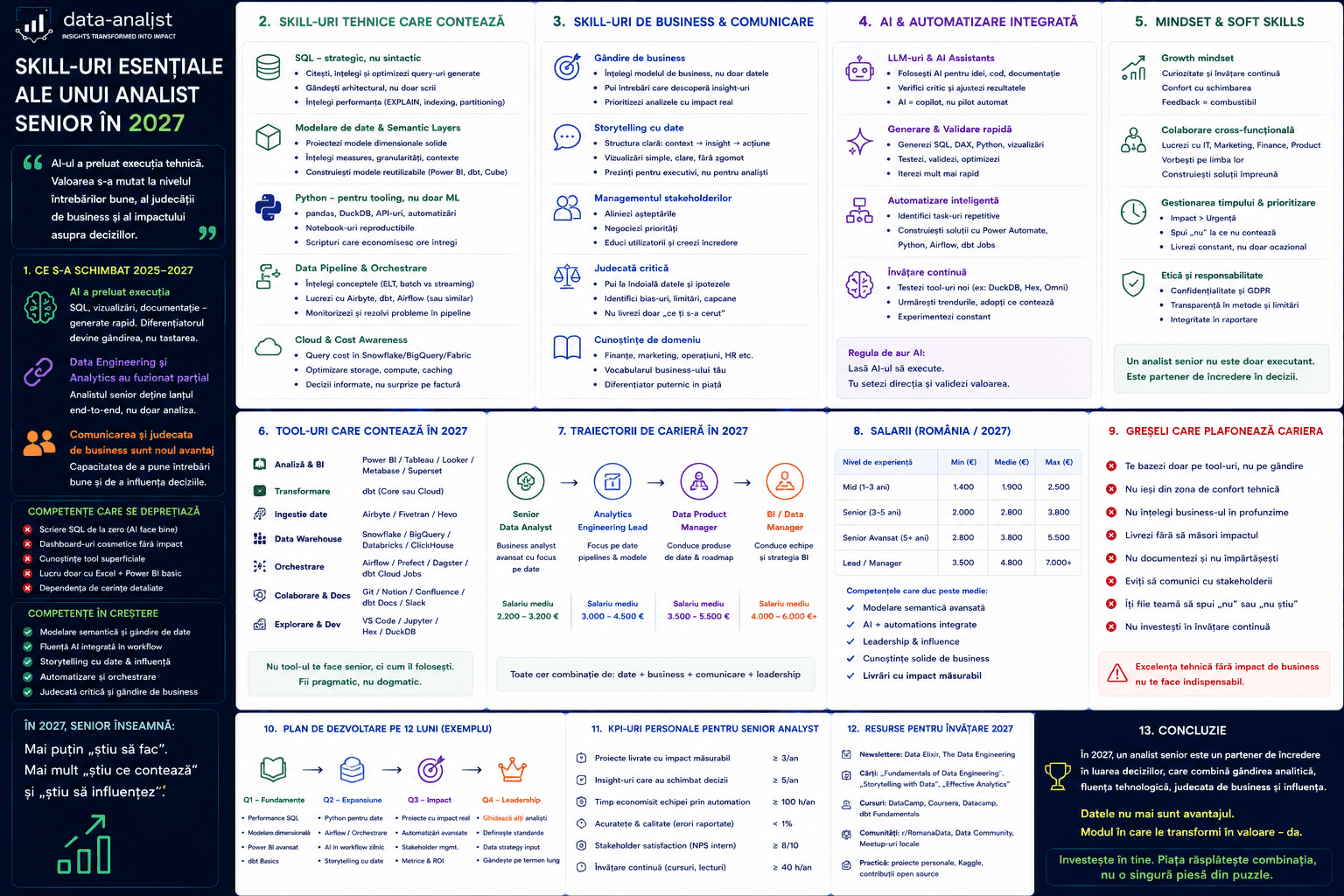 Skill esențiale analist senior 2027 — evoluția rolului 2025-2027, salarii, traiectorii, greșeli care plafonează cariere